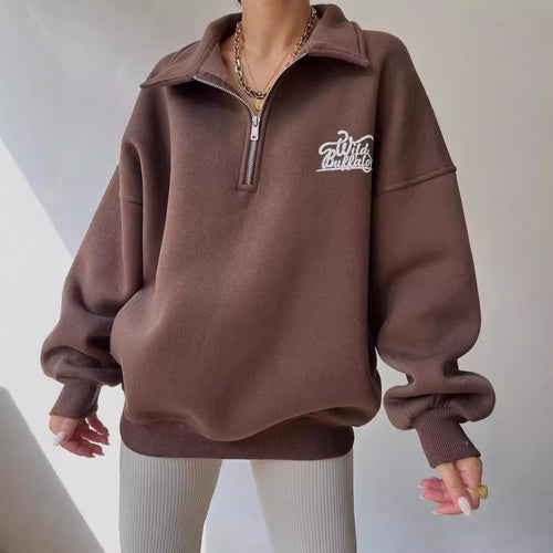 Damen Oversized Halbzip-Sweatshirt mit Stehkragen und gesticktem Logo Shop Nory