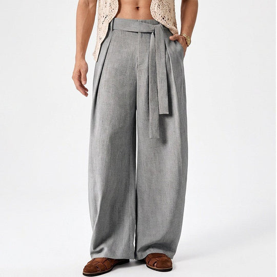 Herren weit geschnittene Leinenhose mit hoher Taille und Bindegürtel Shop Nory