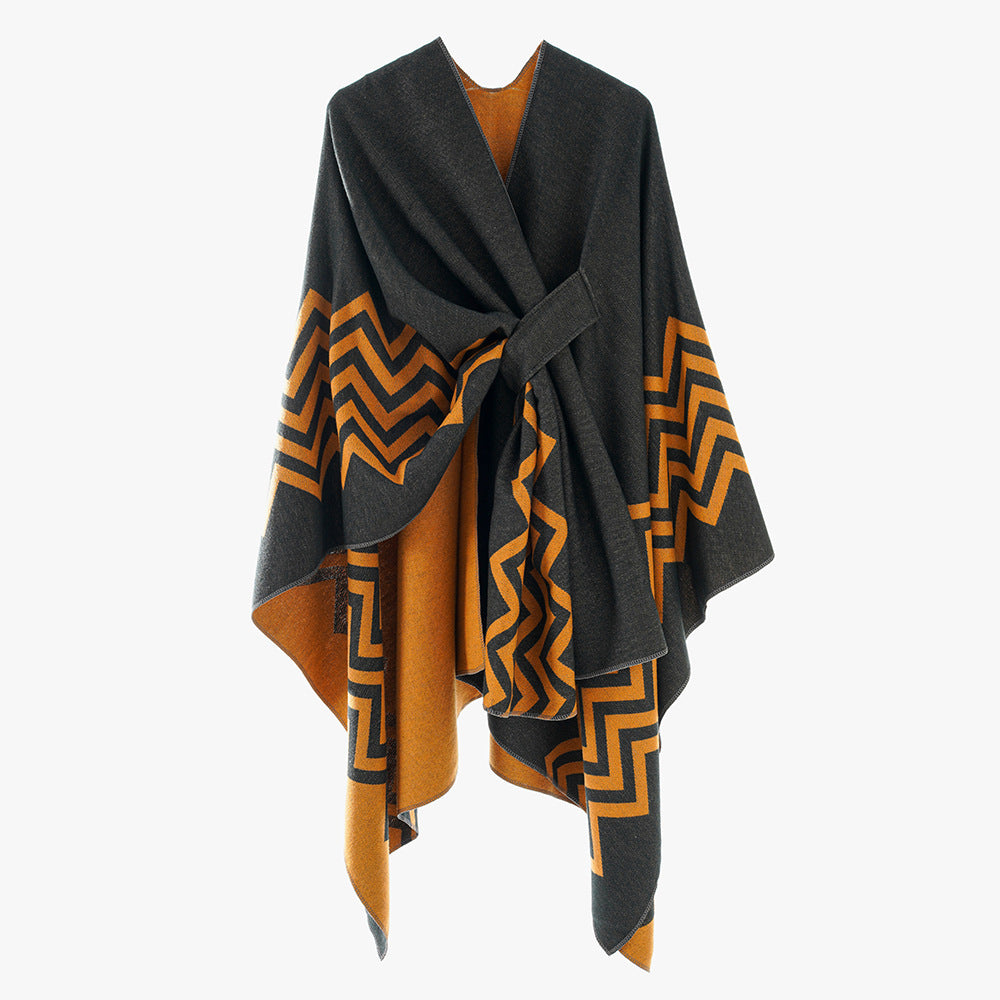 Damen Oversize Rechteck-Cape mit Jacquard-Zickzackmuster und Bindegürtel Shop Nory