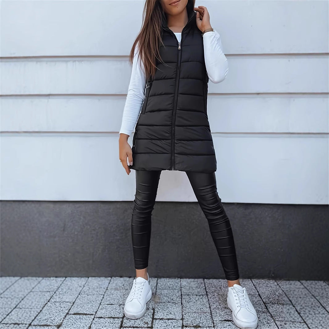 Damen Stylische gesteppte Weste mit Kapuze und langen Schnitt