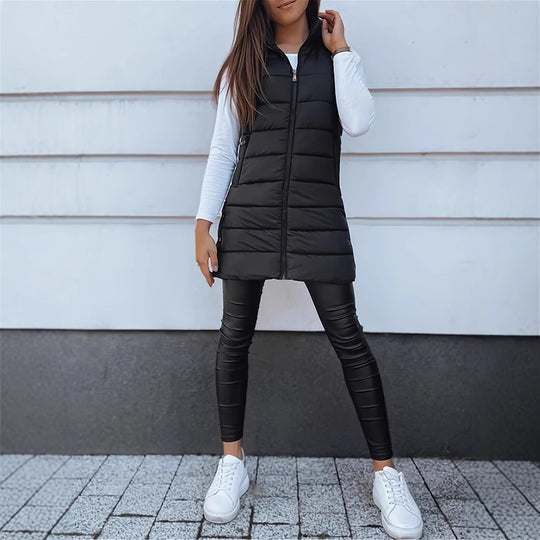 Damen Stylische gesteppte Weste mit Kapuze und langen Schnitt