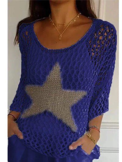Damen nan oversized gehäkelter Pullover mit Sternapplikation und 3/4-Ärmeln Shop Nory