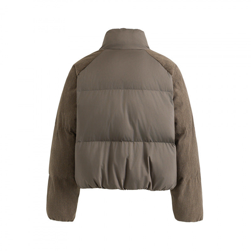 Damen Kurz geschnittene wattierte Jacke mit Cord-Ärmeln und hohem Stehkragen Shop Nory