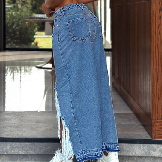Damen Hochgeschnittener Denim-Midirock mit tiefem Vorderbeinschlitz, Destroyed-Detail und rohem Fransen-Saum Shop Nory
