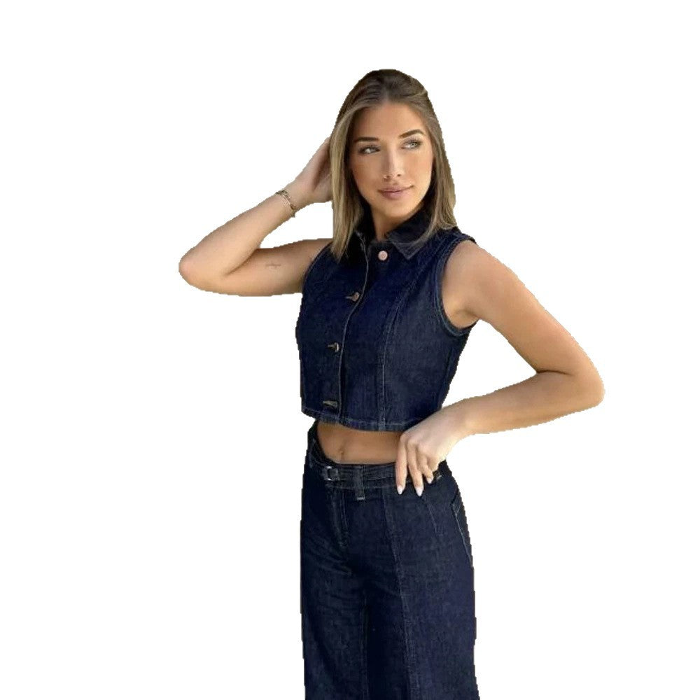 Damen Kurz geschnittene Jeansweste mit taillierter Paneelierung und Metallknopfleiste Shop Nory