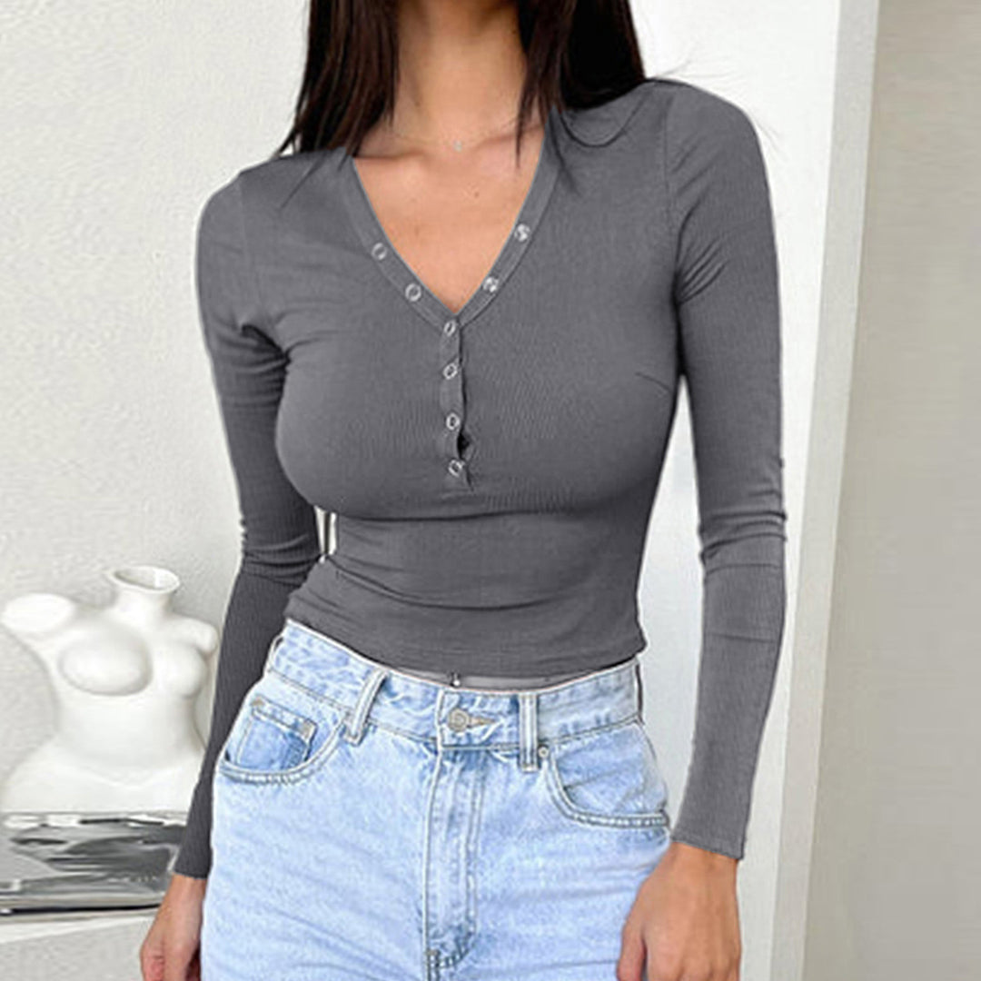 Damen nan tailliertes Ripp-Langarmshirt mit dekorativer Knopfleiste und Metallösen Shop Nory