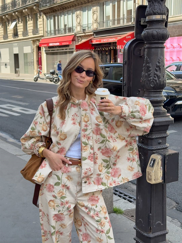 Damen Zweiteiliges Blumen-Print Co-Ord-Set mit Oversize-Blouson und High-Waist-Hose Shop Nory