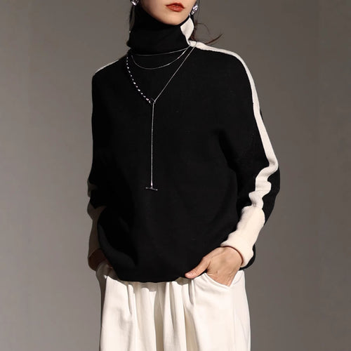Damen Rollkragen-Feinstrickpullover mit weiten Raglanärmeln und Kontraststreifen Shop Nory