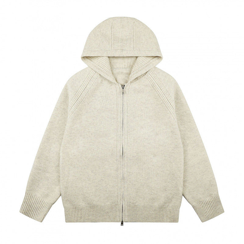 Unisex Weitgeschnittener Kapuzenstrickcardigan mit durchgehendem Reißverschluss und Raglanärmeln Shop Nory