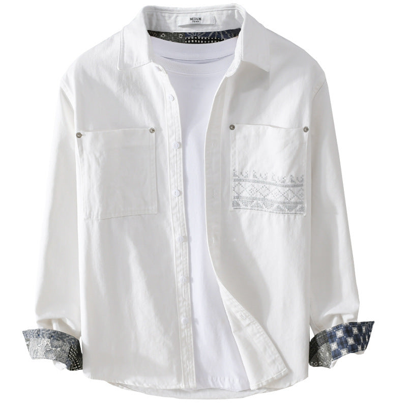 Herren Baumwoll-Overshirt mit Kontrastfutter, Brusttaschen und feiner Stickerei Shop Nory