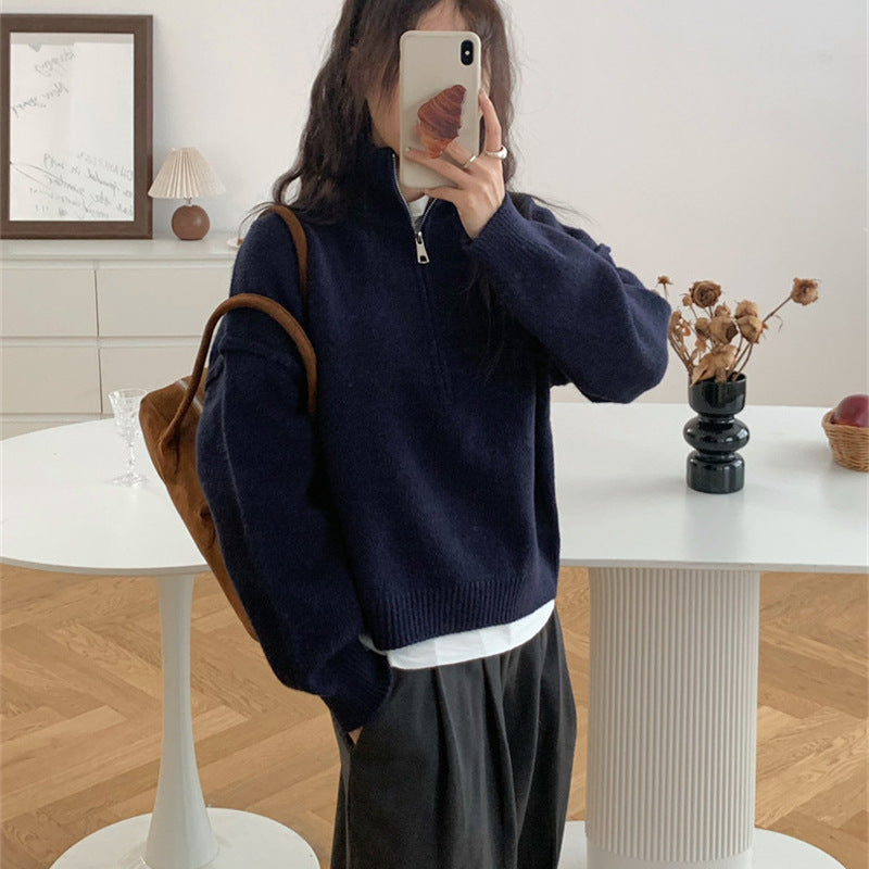 Damen lässiger Pullover mit kurzem Reißverschluss und entspannter Passform Shopnory