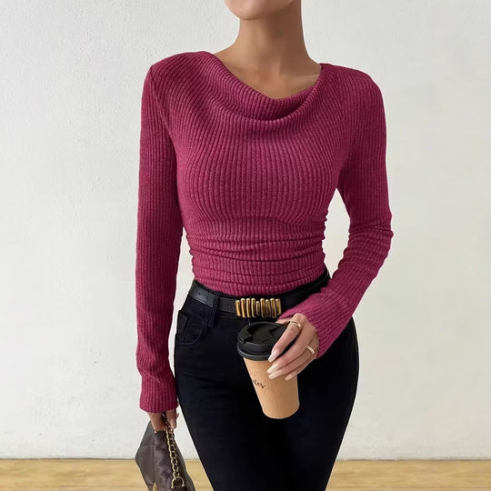 Damen Gerippter Taillierter Feinstrickpullover mit Raffung Shop Nory