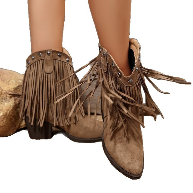 Damen Western‑Fransenstiefeletten aus Veloursoptik mit mittelhohem Blockabsatz und Nietenbesatz Shop Nory