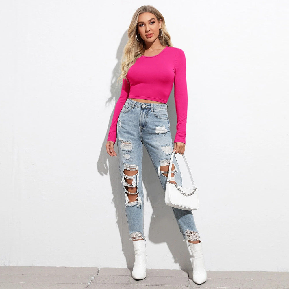 Damen figurbetontes Cropped-Longsleeve mit Sculpting-Passform und Rundhalsausschnitt Shop Nory