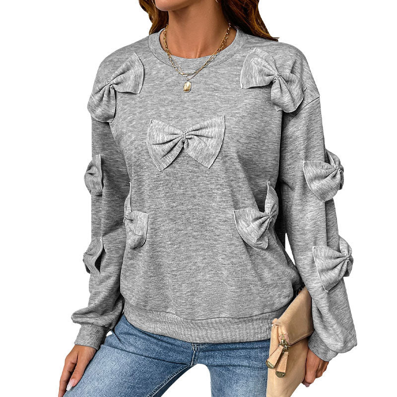 Damen Kuschel-Sweatshirt mit 3D-Schleifenapplikationen, Rundhals & Rippbündchen Shop Nory