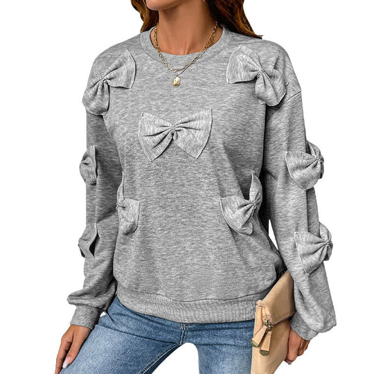 Damen Kuschel-Sweatshirt mit 3D-Schleifenapplikationen, Rundhals & Rippbündchen Shop Nory