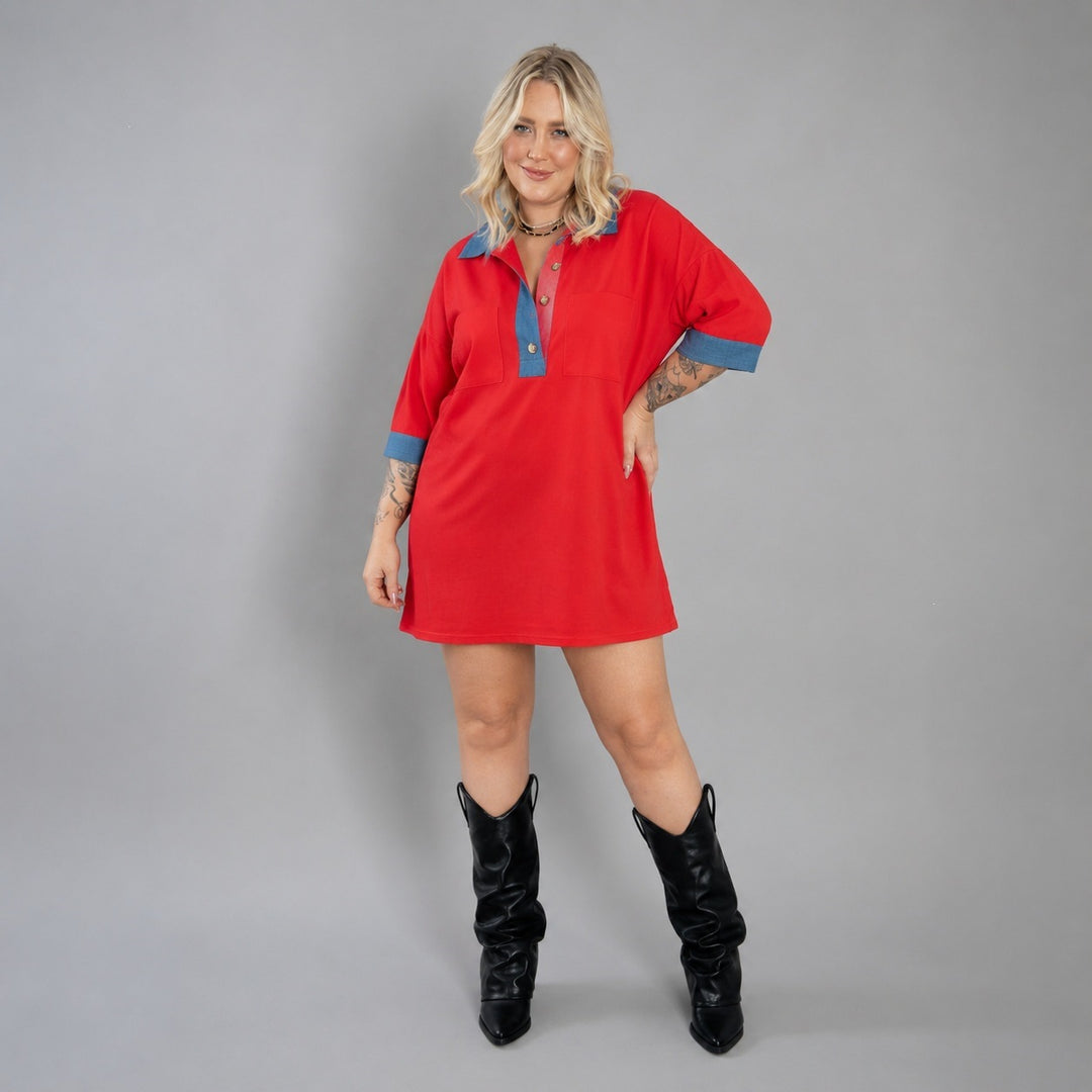 Damen oversized Polo-Tunika mit Kontrastkragen und aufgesetzten Brusttaschen Shop Nory