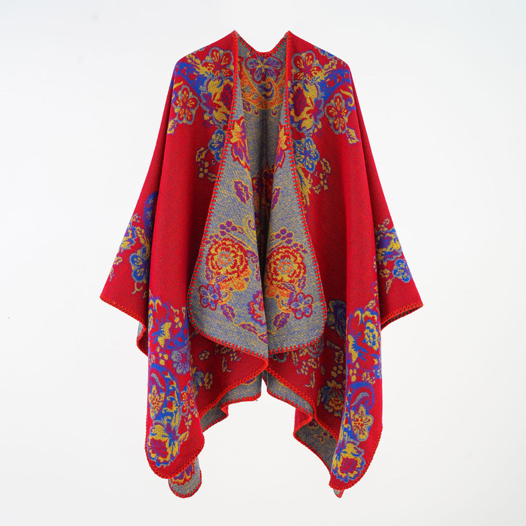 Damen Jacquard-Poncho aus Wollmix mit floraler Musterung und Kettelkante Shop Nory