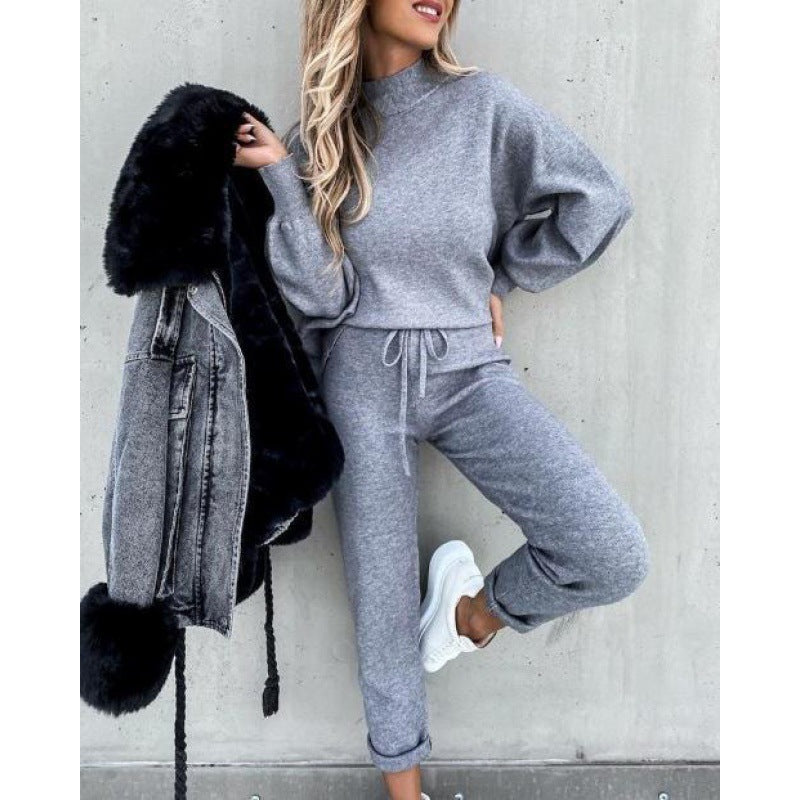 Damen Strick-Loungewear-Set mit Ballonärmeln und taillierter Jogginghose Shop Nory
