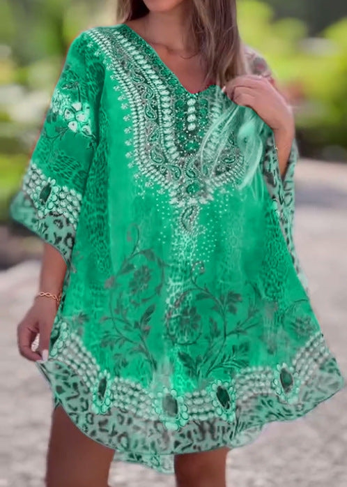 Damen nan kurzes Tunika-Kaftan mit verziertem V-Ausschnitt und floral-animalischer Bordüre