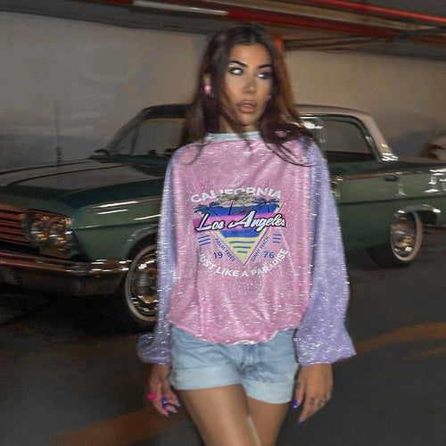 Damen Glitzerndes Oversize-Sweatshirt mit Raglanärmeln und Retro-Los-Angeles-Print Shop Nory