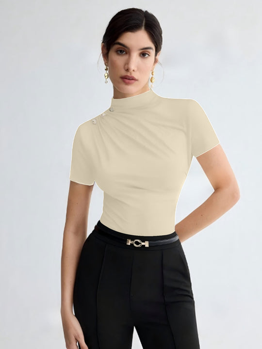 Damen elegantes Oberteil mit dekorativen Knopfdetails und modernem Stehkragen