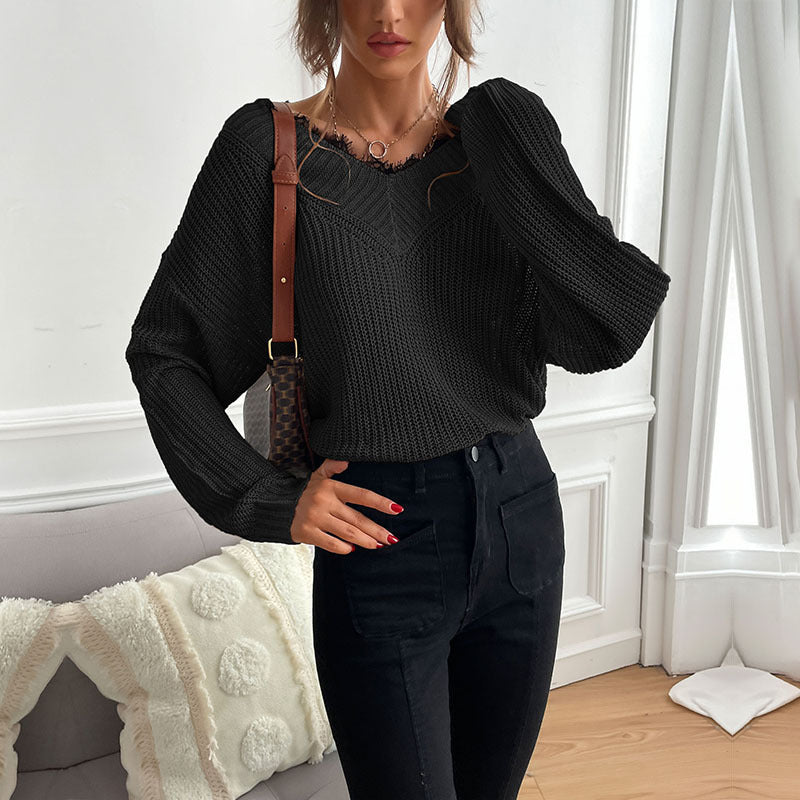 Damen Oversize V‑Ausschnitt Feinstrickpullover mit überschnittener Schulter und Rippbündchen Shop Nory