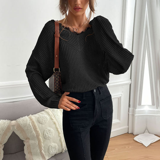 Damen Oversize V‑Ausschnitt Feinstrickpullover mit überschnittener Schulter und Rippbündchen Shop Nory