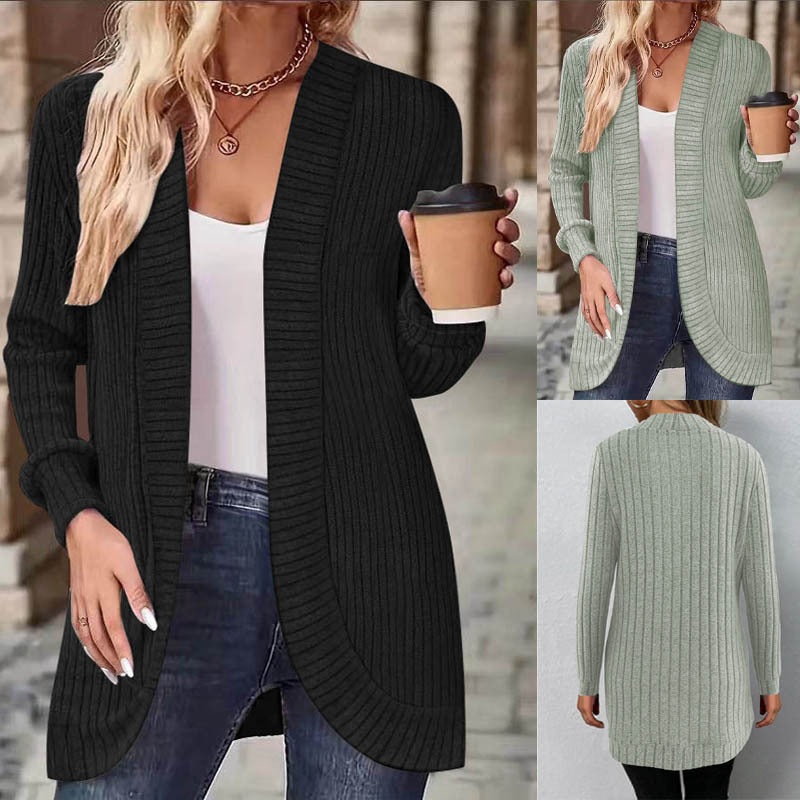Damen Langer Offener Rippstrick-Cardigan mit abgerundetem Saum Shop Nory