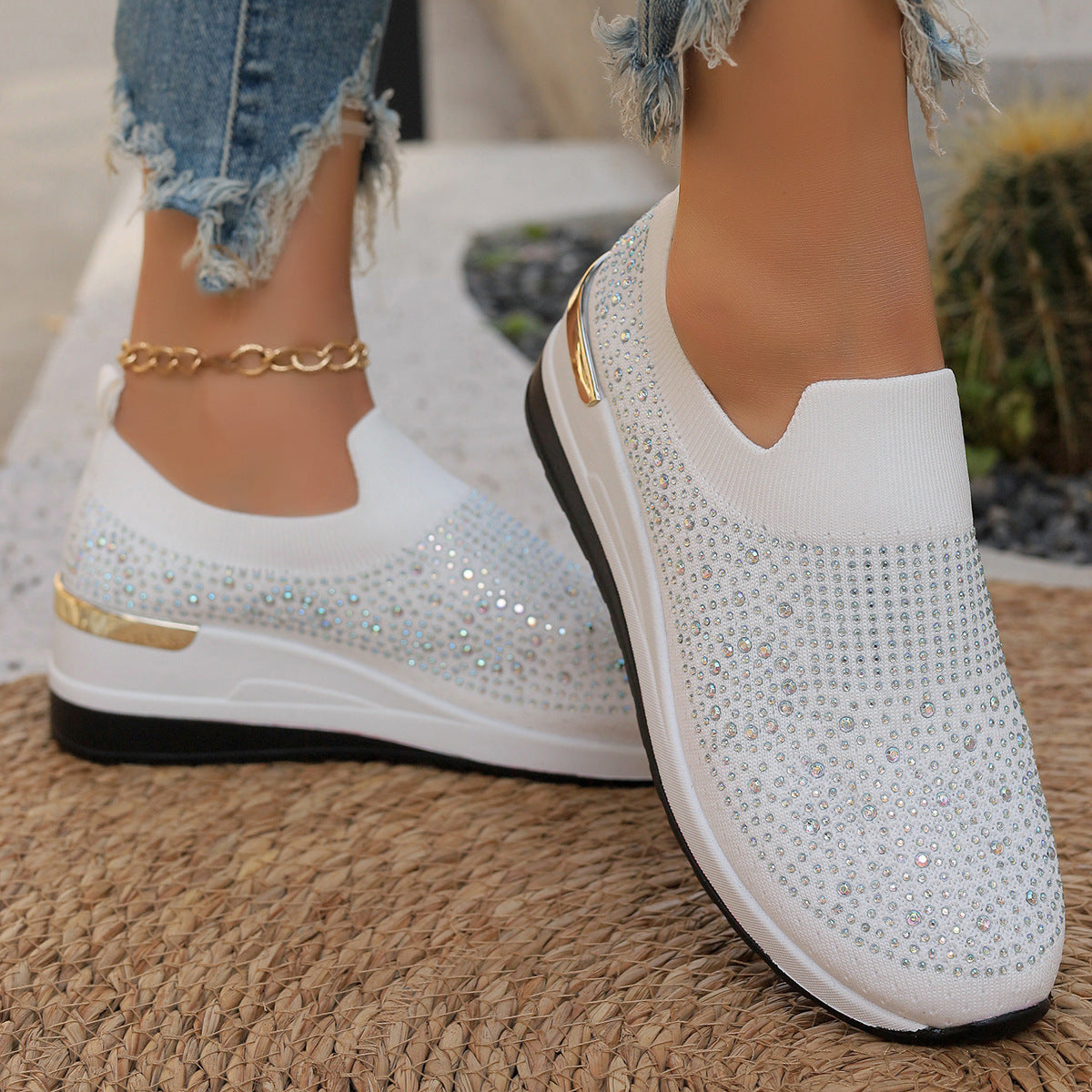 Damen Modische Sneaker mit Strass und Plateau Shopnory