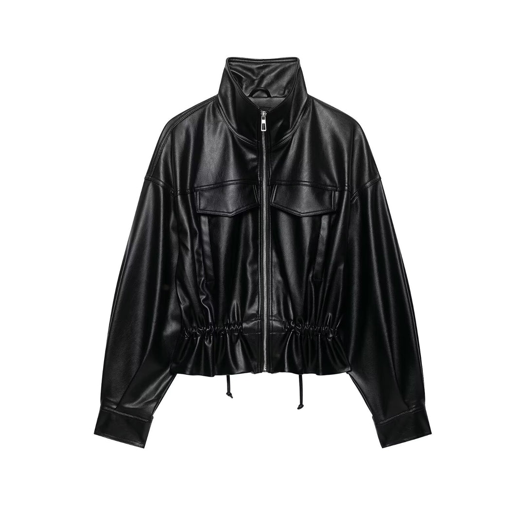 Damen Oversize Kunstleder-Bomberjacke mit Funnelkragen, Tunnelzug-Taille und Pattentaschen Shop Nory