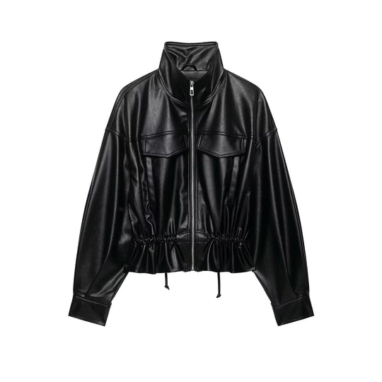 Damen Oversize Kunstleder-Bomberjacke mit Funnelkragen, Tunnelzug-Taille und Pattentaschen Shop Nory