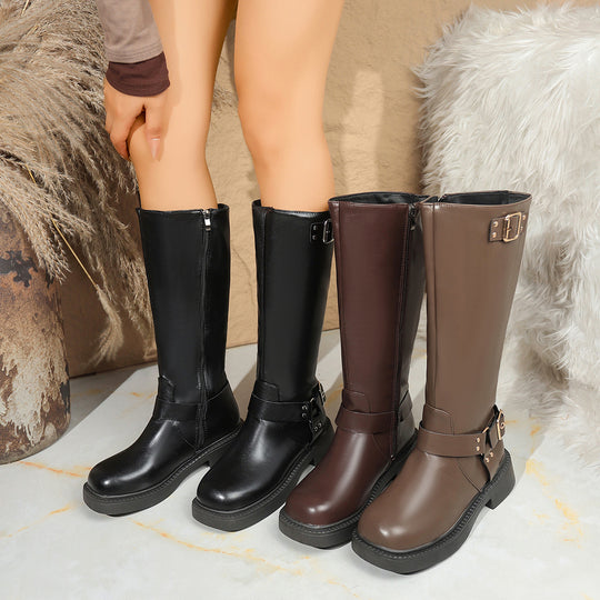 Damen Kniehohe Bikerstiefel mit seitlichem Reißverschluss und Dekorschnallen Shop Nory