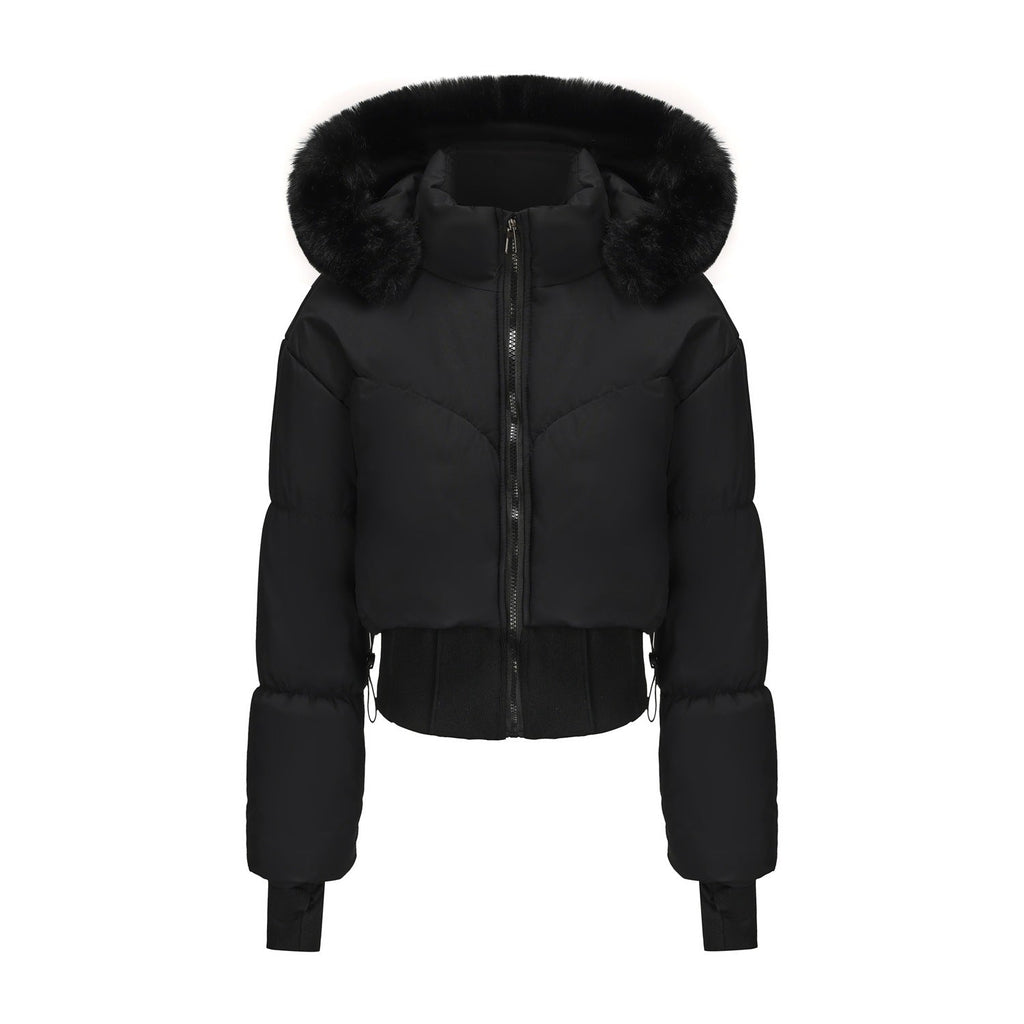Damen cropped Daunenjacke mit abnehmbarer Kapuze und Kunstfellbesatz