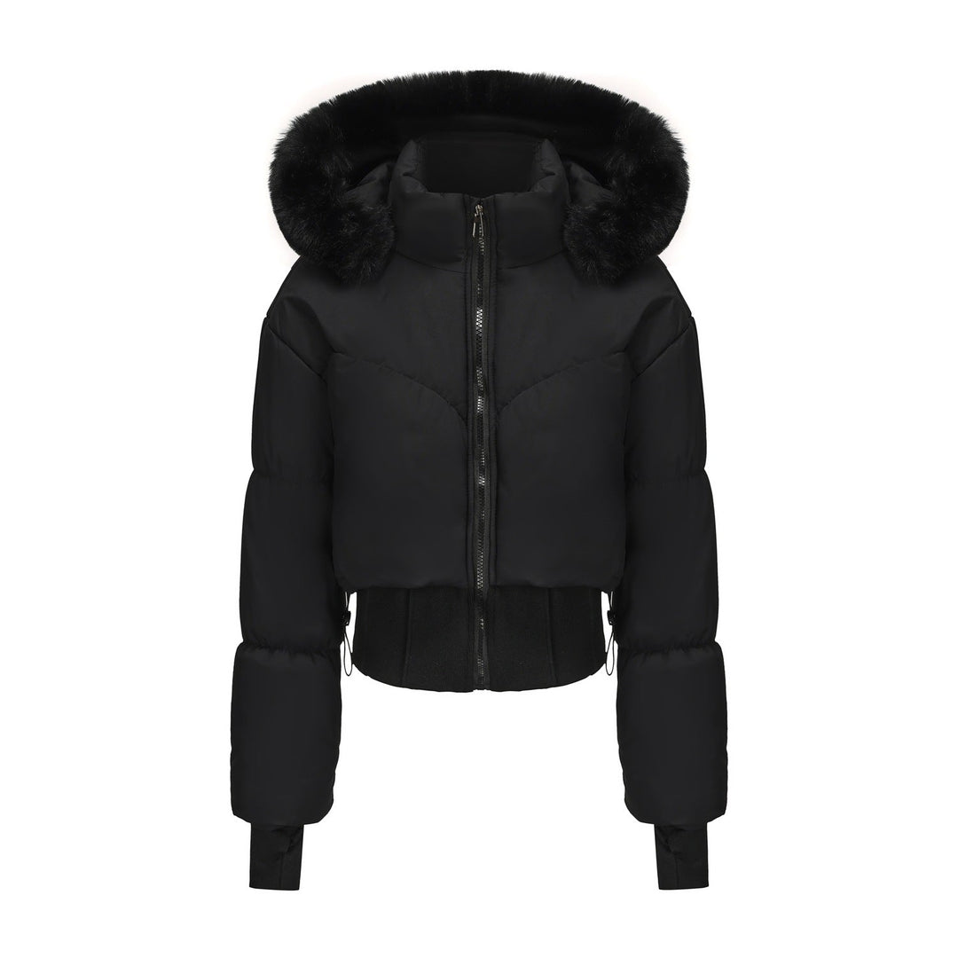 Damen cropped Daunenjacke mit abnehmbarer Kapuze und Kunstfellbesatz