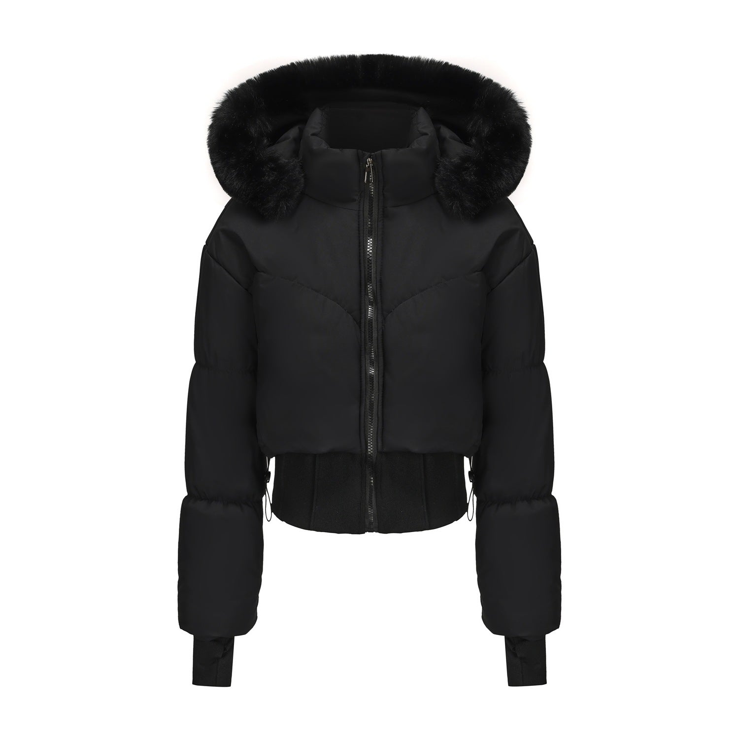 Damen cropped Daunenjacke mit abnehmbarer Kapuze und Kunstfellbesatz