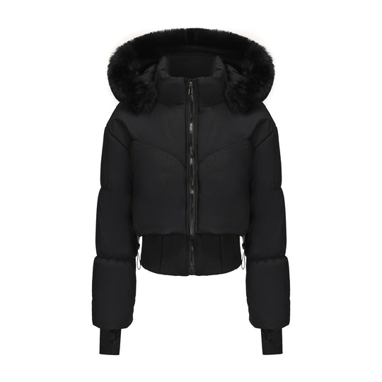 Damen cropped Daunenjacke mit abnehmbarer Kapuze und Kunstfellbesatz