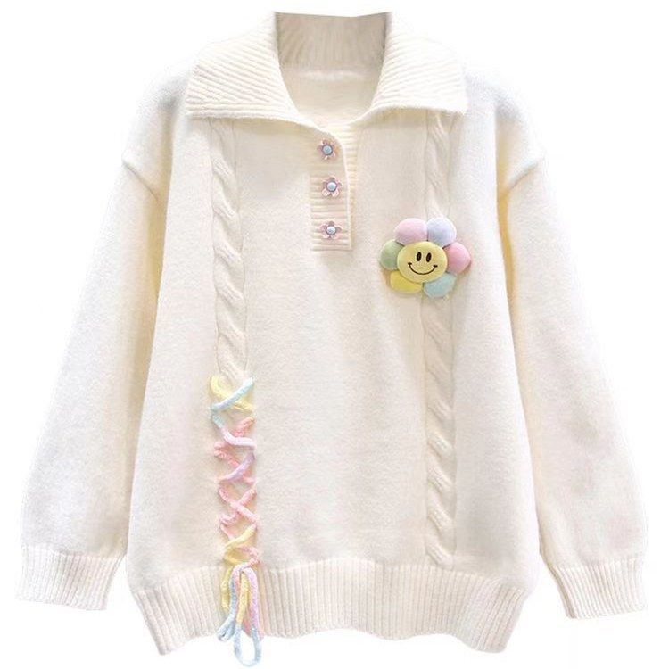 Damen Modischer Pullover mit Blumenapplikationen und Kabelmuster Shop Nory