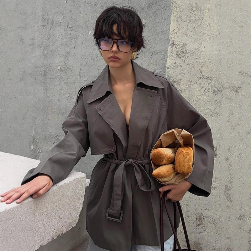 Damen Kurztrenchcoat mit Bindegürtel und Oversize-Ärmeln Shop Nory