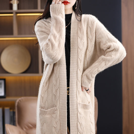 Damen Oversize-Longcardigan aus weichem Wollmix mit kontrastierenden Blockstreifen Shop Nory
