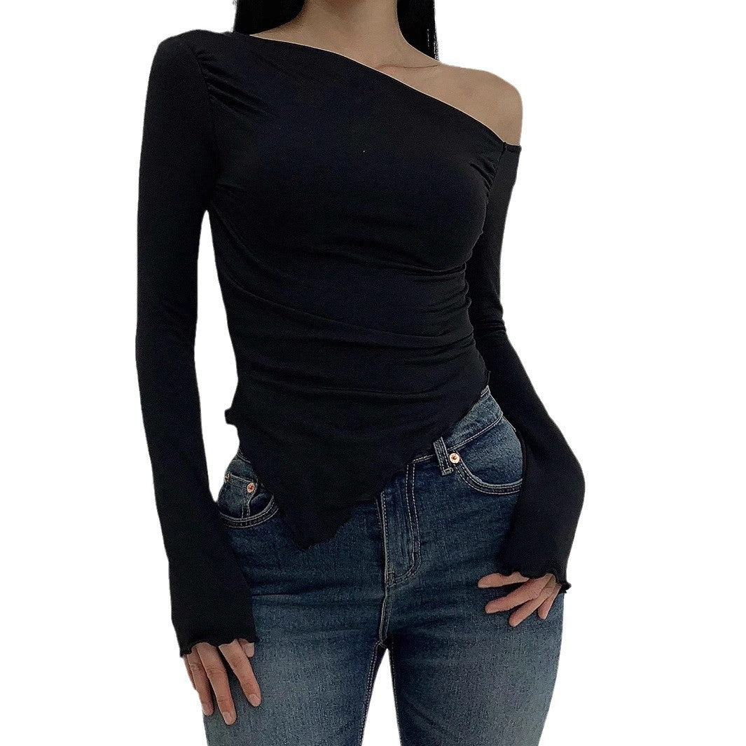 Damen Schulterfreies Figurbetontes Langarm-Cropped-Shirt mit Raffung und Wellensaum Shop Nory