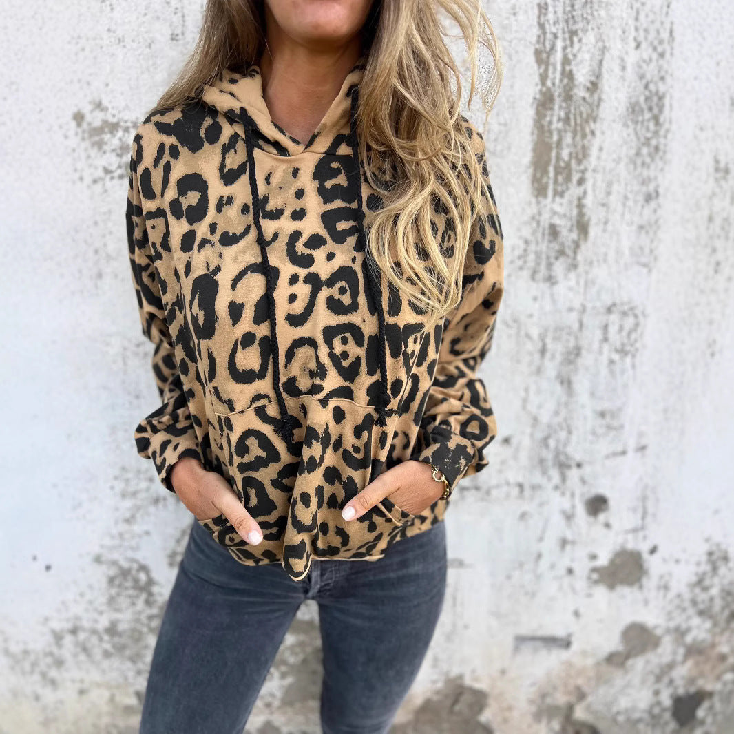 Damen Kapuzenpullover mit lässigem Leopardenmuster und praktischen Seitentaschen