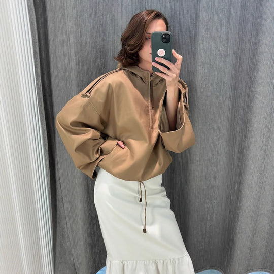Damen Oversize Kapuzenpullover mit halbem Reißverschluss, Ballonärmeln & Tunnelzug Shop Nory