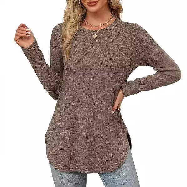 Damen Lässiges Longsleeve-Tunikaoberteil mit Rundhalsausschnitt, Seitenschlitzen und Aquarell-Blattprint Shop Nory