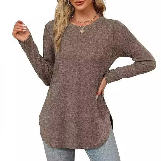 Damen Lässiges Longsleeve-Tunikaoberteil mit Rundhalsausschnitt, Seitenschlitzen und Aquarell-Blattprint Shop Nory