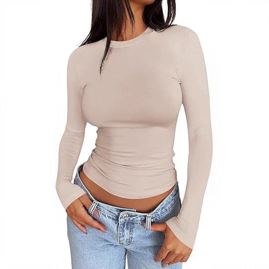 Damen Körpernahes Langarmshirt im Cropped-Look mit verlängerten Ärmeln und Daumenloch Shop Nory