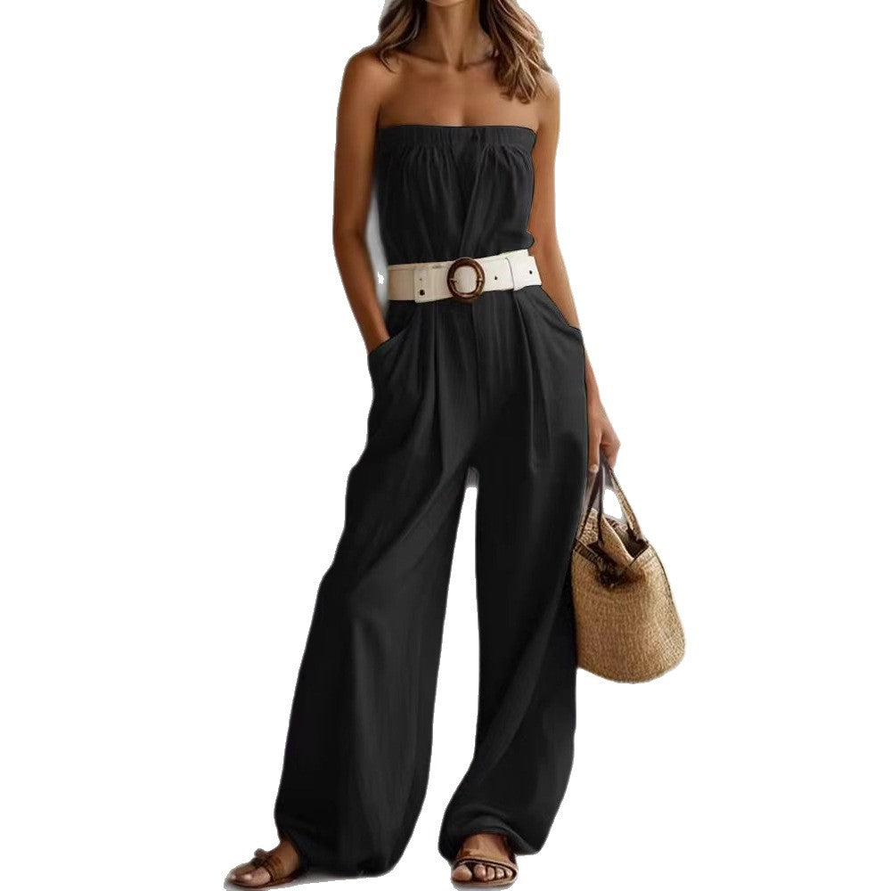 Damen Lässiger Jumpsuit mit Gürtel und weitem Bein Shopnory
