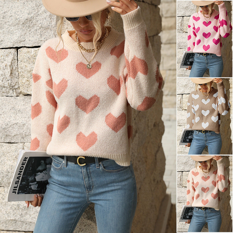 Damen Pullover mit Herz-Allover‑Muster, Rundhalsausschnitt und Relaxed‑Fit Shop Nory