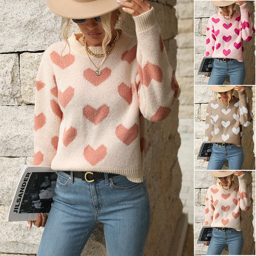 Damen Pullover mit Herz-Allover‑Muster, Rundhalsausschnitt und Relaxed‑Fit Shop Nory