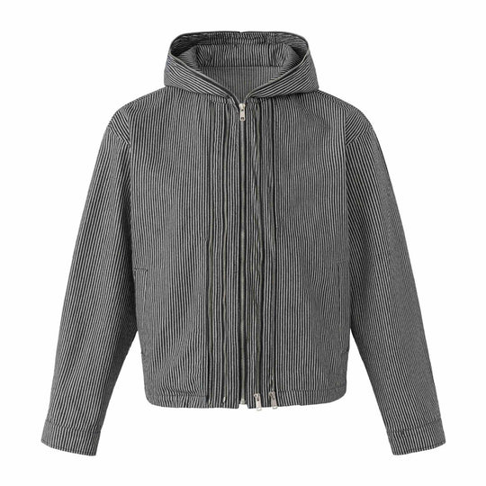 Unisex Gestreifte Kapuzen-Blousonjacke mit Doppelreißverschluss und elastischem Saum Shop Nory
